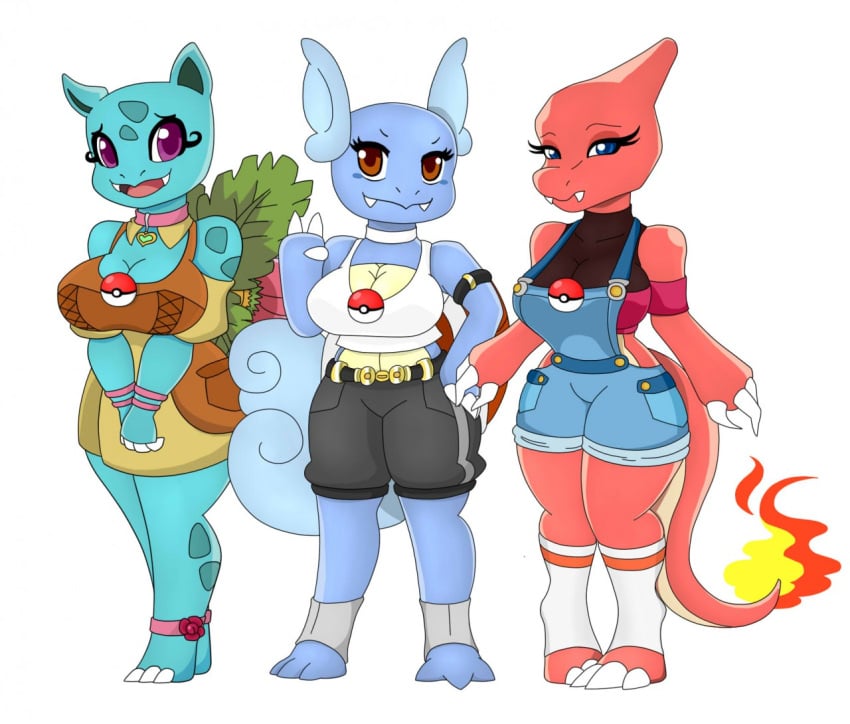 2d 3girls blue_body breasts charmeleon cleavage dragon dragon_girl female female_only green_body ivysaur large_breasts looking_at_viewer nintendo overalls pokémon_(species) pokeball pokemon pokemon_(species) red_body take_your_pick thick_thighs trio trio_focus urusee584 wartortle white_background