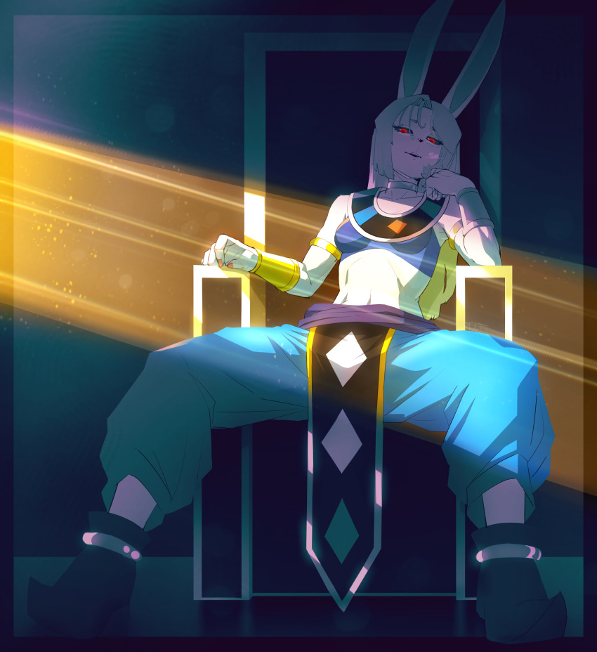 5_fingers 5_toes anthro clothed clothing dragon_ball female fit fit_female god_of_destruction goddess goddess_of_destruction gold_jewelry gradient hi_res highres lagomorph long_ears long_hair looking_at_viewer mammal mammal_humanoid muart242 necklace open_legs red_eyes saria_(dragon_ball_heroes) simple_background sitting slim_waist small_breasts solo super_dragon_ball_heroes throne tubetop white_fur yellow_hair