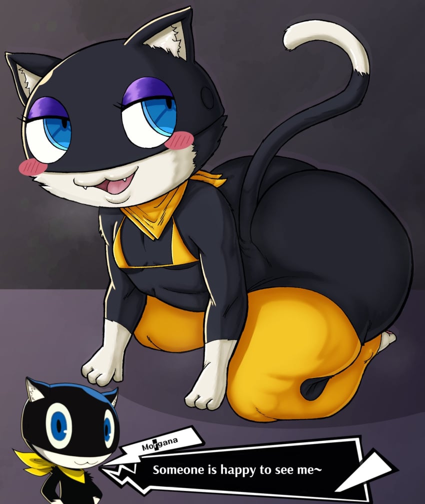 anthro ass atlus banana big_ass big_butt bikini_top black_body black_fur blue_eyes feline femboy fur huge_ass huge_butt male male_only morgana_(persona) persona persona_5 persona_5_royal slushiebest solo solo_focus tail text text_box thick_thighs thighhighs tuxedo_cat white_fur wide_hips