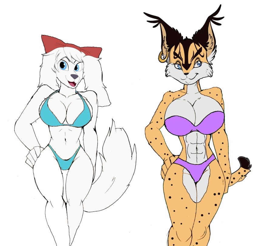 2girls akatsukishiranui-fox alluring anthro anthrofied athletic_female big_breasts bikini blue_eyes canine cleavage cocker_spaniel cyan_bikini edit fay_spaniel female_abs fit_female lavender_bikini legs lynx miyu_lynx nintendo pin_up posing purple_eyes spots star_fox star_fox_2