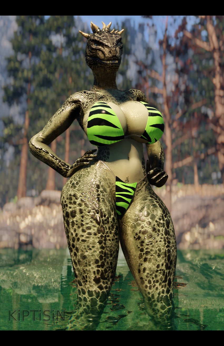 1girls 3d argonian big_breasts bikini bimbo female furry green_body green_eyes green_skin hi_res high_resolution highres huge_breasts huge_thighs kiptisin scales scalie self_upload skyrim solo the_elder_scrolls water watermark