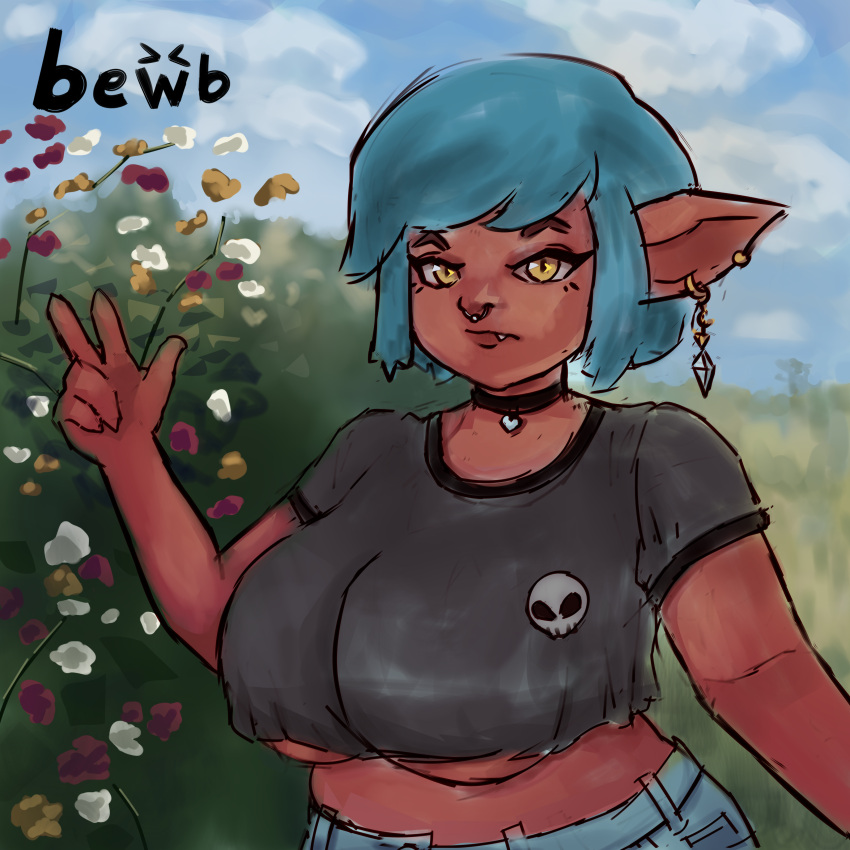 bewbdraws huge_breasts jewelry league_of_legends pointy_ears short_hair shortstack solo_female vikka(bewbdraws) yellow_eyes yordle