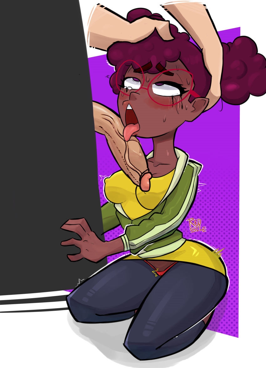 1boy 1girls afro_puffs ahe_gao ahegao april_o'neil april_o'neil_(rise_of_the_tmnt) commission commission_art commissioner_upload dark-skinned_female dark_skin glasses hands_on_head imminent_deepthroat imminent_oral interracial light-skinned_male light_skin mascara nipples nipples_visible_through_clothing on_knees open_mouth oral panting partial_male penis penis_in_front_of_face redlewd17 rise_of_the_teenage_mutant_ninja_turtles runny_makeup teenage_mutant_ninja_turtles tongue tongue_out veiny_penis