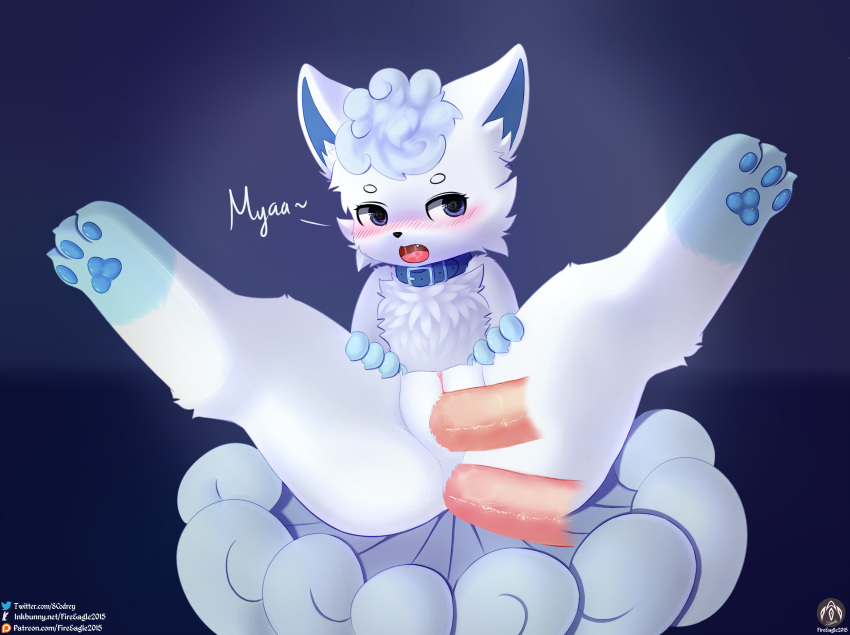 absurd_res alolan_form alolan_vulpix anal anthro anus blue_eyes blush canid canine disembodied_penis facial_blush female fur genitals hi_res male male/female mammal nintendo open_mouth penis pokemon pokemon_(species) pussy regional_form_(pokemon) senz simple_background spread_legs spreading tail text url vaginal_penetration vulpix white_body white_fur