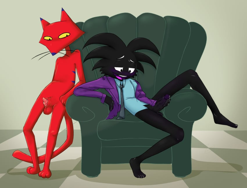 anthro black_body black_fur bodily_fluids cartoon_network courage_the_cowardly_dog domestic_cat duo felid feline felis fur genital_fluids hi_res katz_(courage_the_cowardly_dog) looking_at_another male male/male mammal masturbation mr._trance mr_trance open_mouth precum tagme vomit44