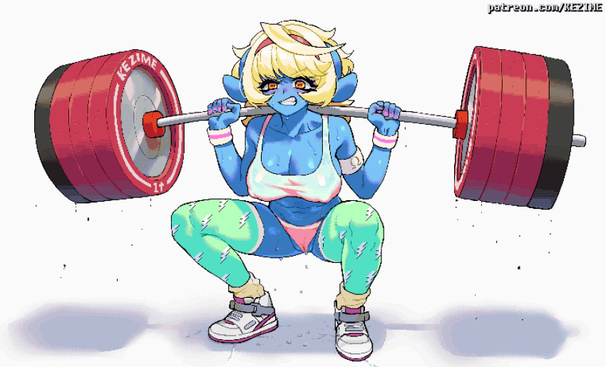 blue_skin kezime nipples_visible_through_clothing oni oni_girl oni_horns original original_character pixel_art pussy_visible_through_clothes ryoko_(kezime) workout workout_clothes