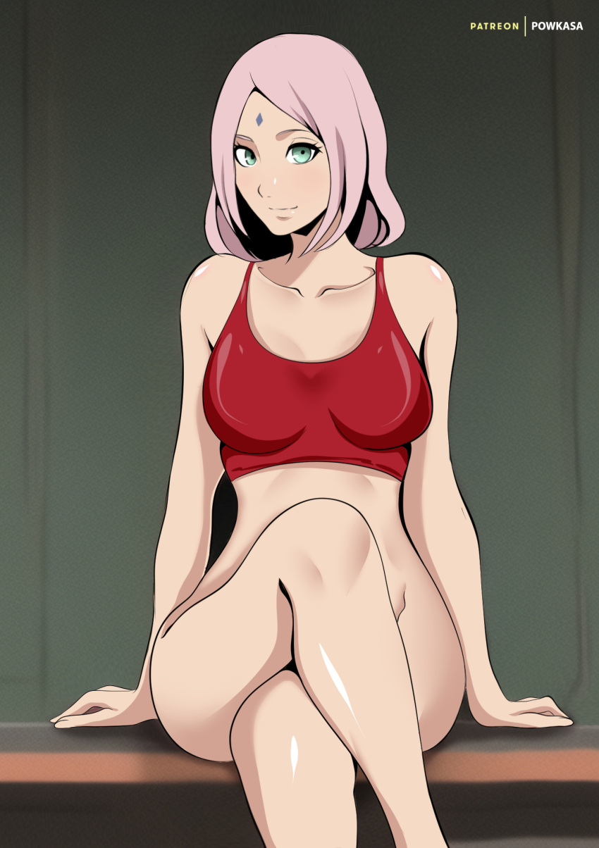 1girls almost_naked arm_support bare_shoulders barely_clothed bench boruto:_naruto_next_generations bottomless breasts collarbone convenient_leg crossed_legs curvaceous curvy curvy_body curvy_female curvy_figure female female_only green_eyes long_hair looking_at_viewer mature mature_female milf mostly_nude naruto naruto_(series) no_panties no_underwear nopan pink_hair powkasa sakura_haruno shoulder_length_hair sitting slim_waist smile solo solo_focus tank_top wide_hips