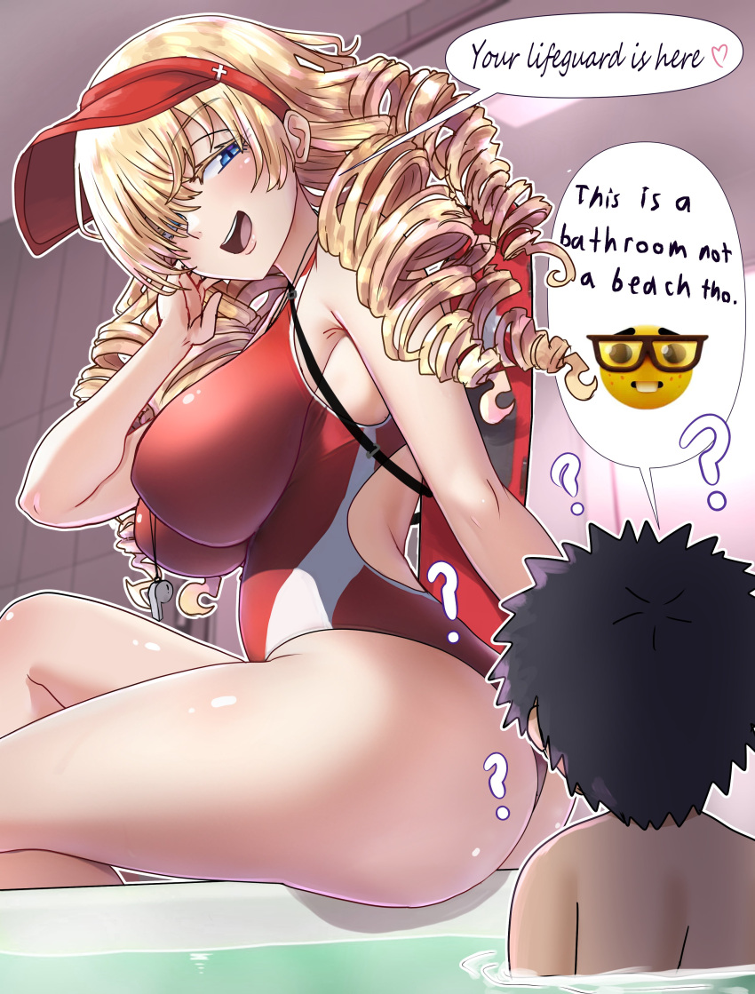 1boy 1girls ? armpits ass bathtub bathtub_lifeguard_(meme) blonde_hair blue_eyes breasts drill_hair ebora emoji english_text kamijou_touma large_breasts lifeguard long_hair meme nerd_emoji oblivious one_piece_swimsuit oriana_thompson sitting swimsuit thighs to_aru_majutsu_no_index youngmanisdown