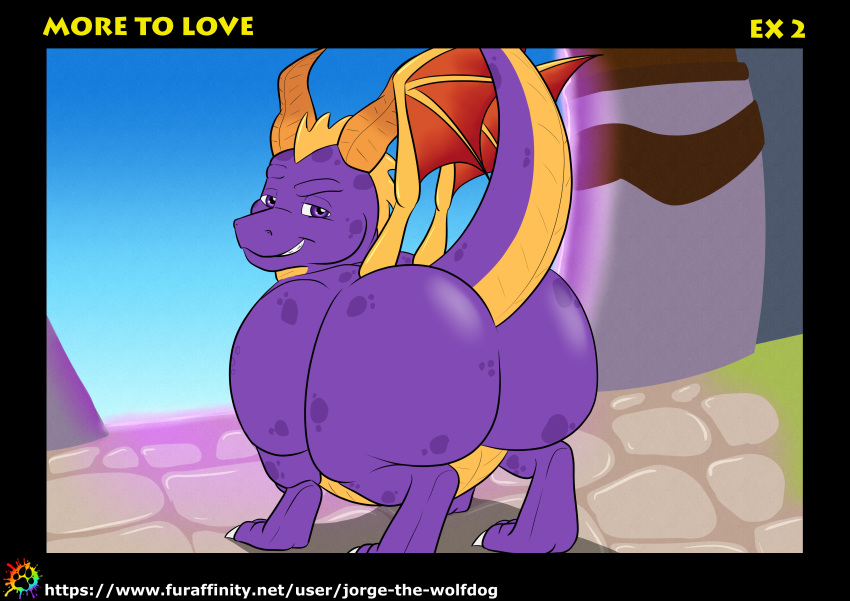 absurd_res activision ass big_butt claws dragon feral furaffinity_username hi_res horn huge_butt jorge-the-wolfdog looking_at_viewer looking_back male overweight overweight_male page_2 page_number scalie smile smiling_at_viewer smirk smirking_at_viewer solo spyro spyro_the_dragon thick_thighs wide_hips wings