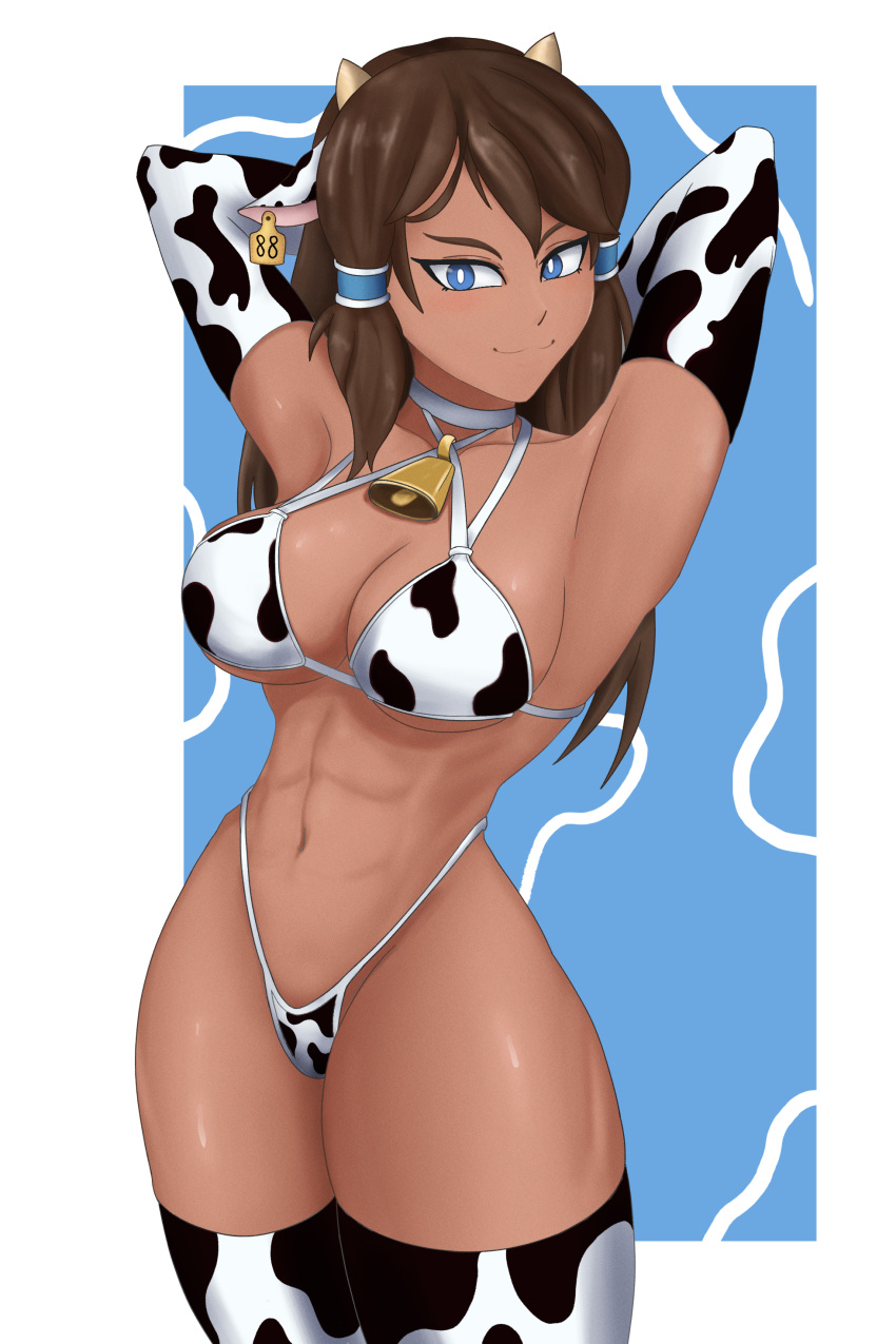 1girls abs arms_behind_head avatar_legends bikini blue_eyes brown_hair cow_ears cow_girl cow_print cowprint dark-skinned_female dark_skin female female_only korra navel solo the_avatar the_legend_of_korra thong topkcat water_tribe