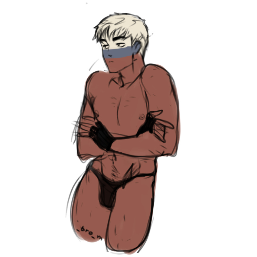 _bro_m black_gloves black_thong blue_eyes blue_skin bulge bulge_through_clothing chest chest_hair countryhumans crossed_arms gloves hair hairy_male muscular muscular_male nipples porn red_body russia_(countryhumans) serious serious_look short_hair tagme thong white_hair