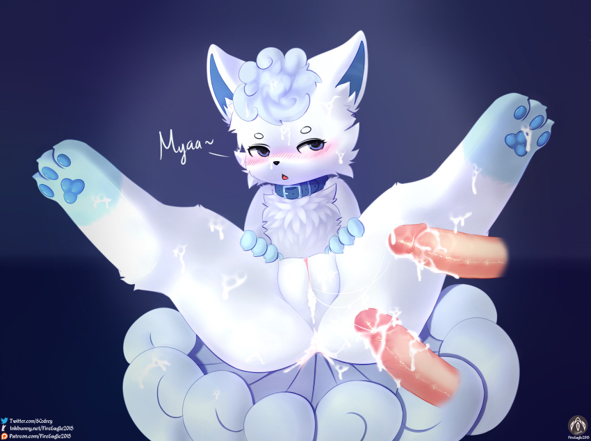 absurd_res alolan_form alolan_vulpix anthro anus blue_eyes blush bodily_fluids canid canine cum cum_drip cum_in_ass cum_in_pussy cum_inside cum_on_face cum_on_feet cum_on_leg cum_on_tail disembodied_penis dripping facial_blush female fur genital_fluids genitals hi_res male male/female mammal nintendo open_mouth penis pokemon pokemon_(species) pussy regional_form_(pokemon) senz simple_background spread_legs spreading tail text url vulpix white_body white_fur