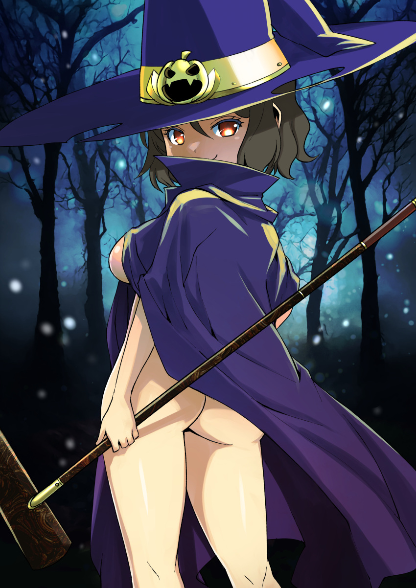 almost_naked ass blue_background breasts brown_hair forest light_skin looking_at_viewer muramasa_mikado murana_(muramasa_mikado) smile witch witch_hat