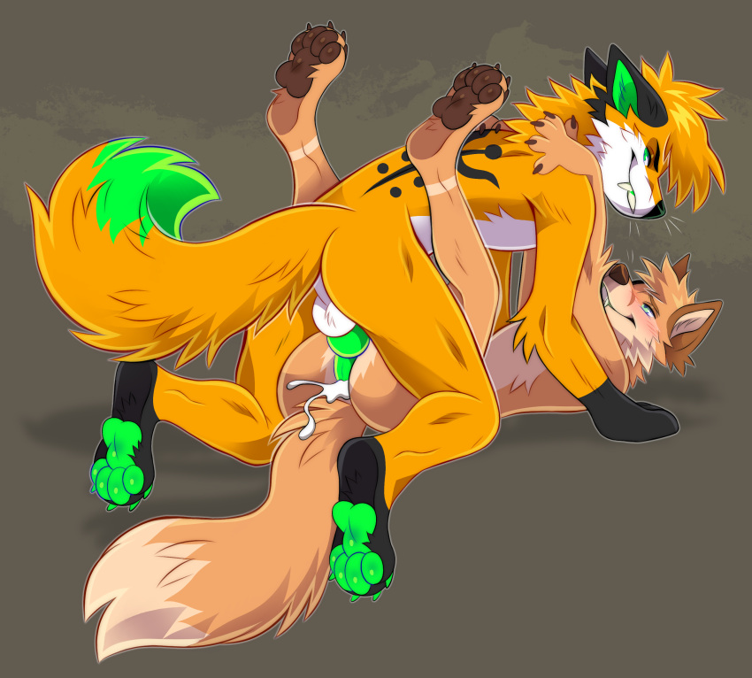 4_toes 5_fingers absurd_res anal anal_sex andros_fox anthro anthro_on_anthro anthro_penetrated anthro_penetrating anthro_penetrating_anthro ass back_tattoo balls blush bodily_fluids brown_pawpads canid canine cheek_tuft claws cum cum_in_ass cum_inside dominant dominant_male duo eye_contact eyebrows facial_tuft feet fingers fox fur genital_fluids genitals grabbing_shoulders green_body green_eyes green_fur green_pawpads green_penis hi_res leg_markings looking_at_another male male/male male_penetrated male_penetrating male_penetrating_male mammal markings multicolored_tail nude orange_body orange_fur pawpads penetration penis princelykaden rolen sex smile submissive submissive_male tail tattoo toes tuft