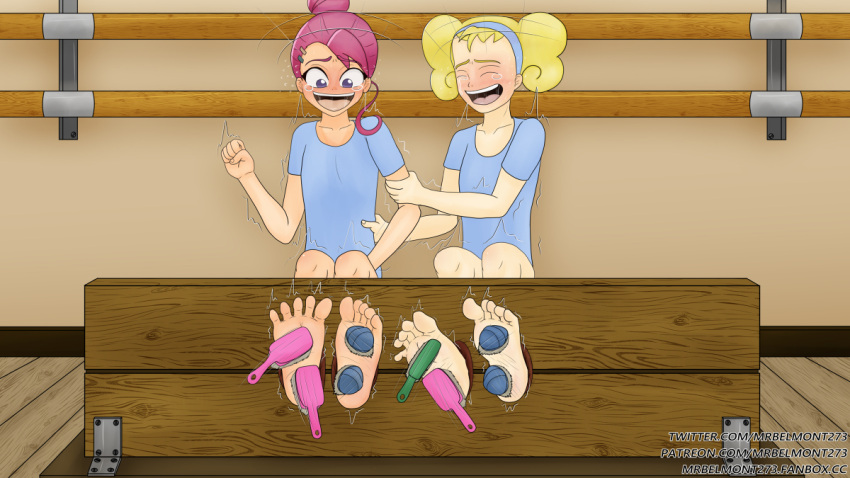 2girls barefoot feet female female_only foot_focus lilie_(princess_tutu) mrbelmont273 multiple_girls pike_(princess_tutu) princess_tutu stocks tickle_torture tickling tickling_feet