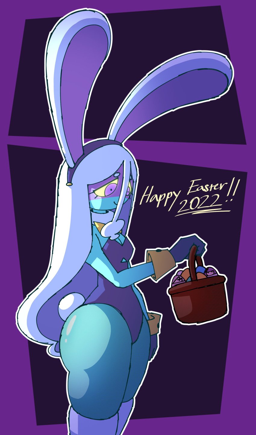 2022 ass basket big_ass big_butt blue_body blue_skin bunny_ears bunnysuit dat_ass dialogue easter easter_eggs ghost ghost_girl pale-skinned_female pale_skin small_breasts stashamber_(artist) stockings thick_thighs whispra_(stashamber) white_hair