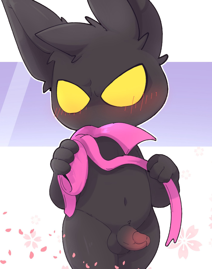 anthro balls black_body black_fur clothed clothing clothing_lift erection fur genitals geometric_background glans head_tuft hi_res holding_clothing holding_object league_of_legends looking_at_viewer male mostly_nude navel neckwear_only penis pink_glans pink_scarf portrait pose riot_games scarf simple_background smite_(artist) solo standing three-quarter_portrait tuft veigar yellow_eyes yordle