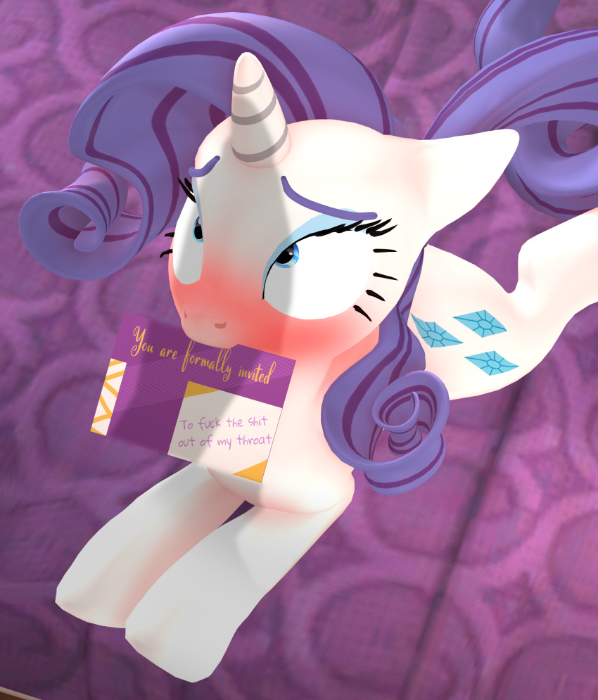 3d_(artwork) bedroom_eyes blue_eyes blush card digital_media_(artwork) equid equine eyebrows eyelashes female feral friendship_is_magic fur hair hasbro hi_res horn inviting looking_up lying mammal mouth_hold my_little_pony narrowed_eyes penis_shadow purple_hair purplefondue quadruped raised_eyebrows rarity_(mlp) seductive shadow solo unicorn white_body white_fur