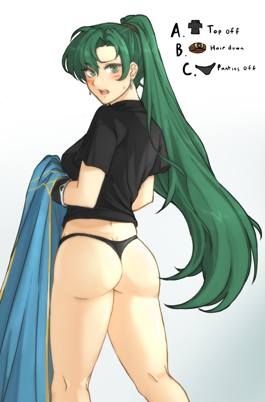 1girls ass bare_legs big_ass black_panties breasts earrings female female_only fire_emblem fire_emblem:_the_blazing_blade gloves green_eyes green_hair large_breasts long_hair looking_at_viewer looking_back lyn_(fire_emblem) meme nintendo panties ponytail shirt solo stripping tridisart twitter_strip_game_(meme) underwear undressing very_long_hair