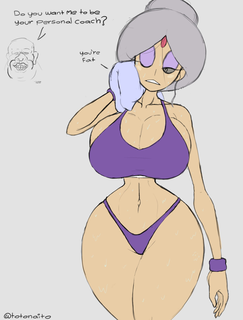 big_breasts big_hips cleavage color dialogue english_text gym_clothes hourglass_figure huge_breasts inner_sideboob letonia_(totonaito) sweat sweaty sweaty_body thick thick_legs thick_thighs thong totonaito ugly_bastard ugly_man workout_clothes workout_clothing