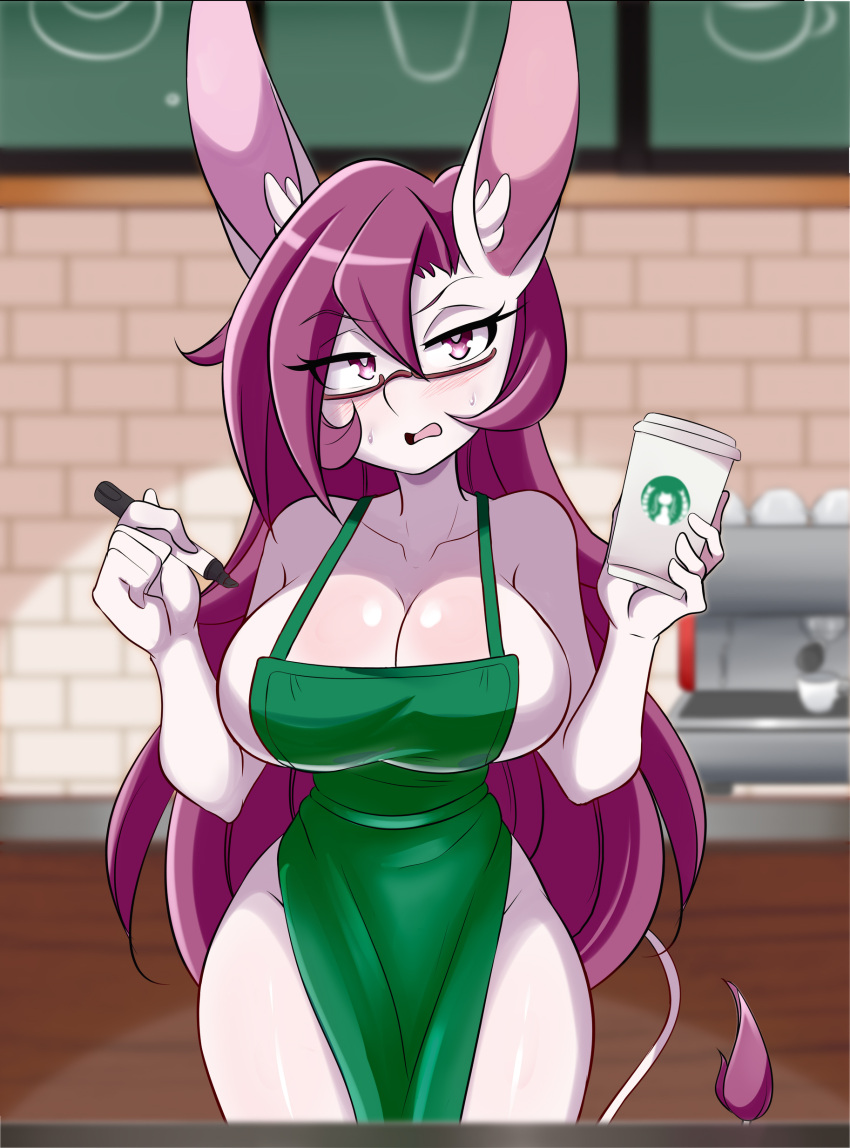 anthro breasts cachi_(lucyfercomic) cleavage donkey female female_focus female_only lucyfercomic meme original original_character purple_eyes purple_hair starbucks thick_thighs thighs