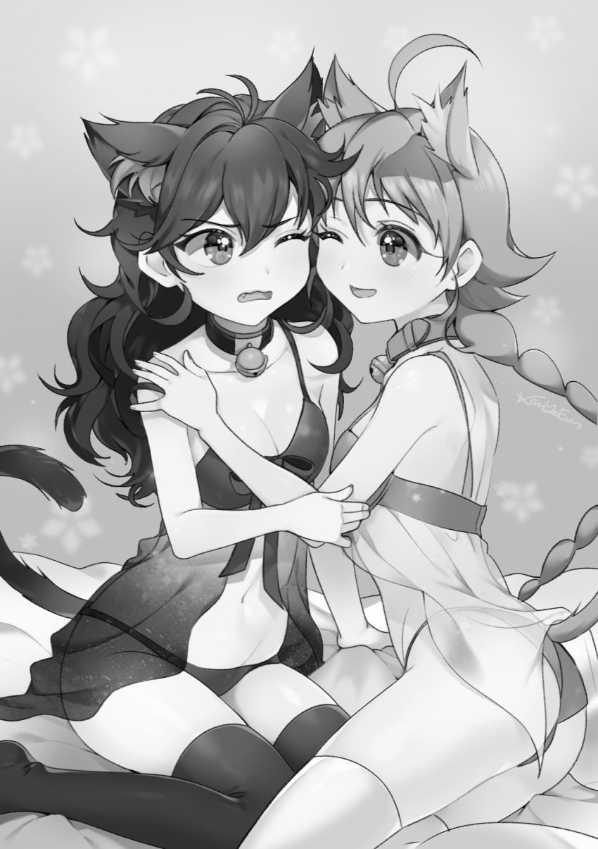 2girls 4_ears ahiru_(princess_tutu) ahirue ahoge animal_humanoid ass bangs bare_shoulders bed bell bell_collar black_hair bow_accessory bow_ribbon bra braided_hair breasts butt cat_ears cat_humanoid cat_tail cleavage clothed clothing collar dark_body dark_fur dark_hair duo embrace eyebrow_through_hair eyebrows fangs felid felid_humanoid feline feline_humanoid female female/female female_focus female_only footwear fur furniture greyscale hair hi_res humanoid humanoid_on_humanoid inner_ear_fluff legwear lingerie long_hair mammal mammal_humanoid midriff monochrome multi_ear navel on_bed one_eye_closed open_mouth panties pita prick_ears princess_tutu rue_(princess_tutu) shaded sitting skimpy socks tail teeth thigh_highs thigh_socks thighhighs thighs translucent translucent_clothing translucent_hair tuft underwear underwear_only yuri