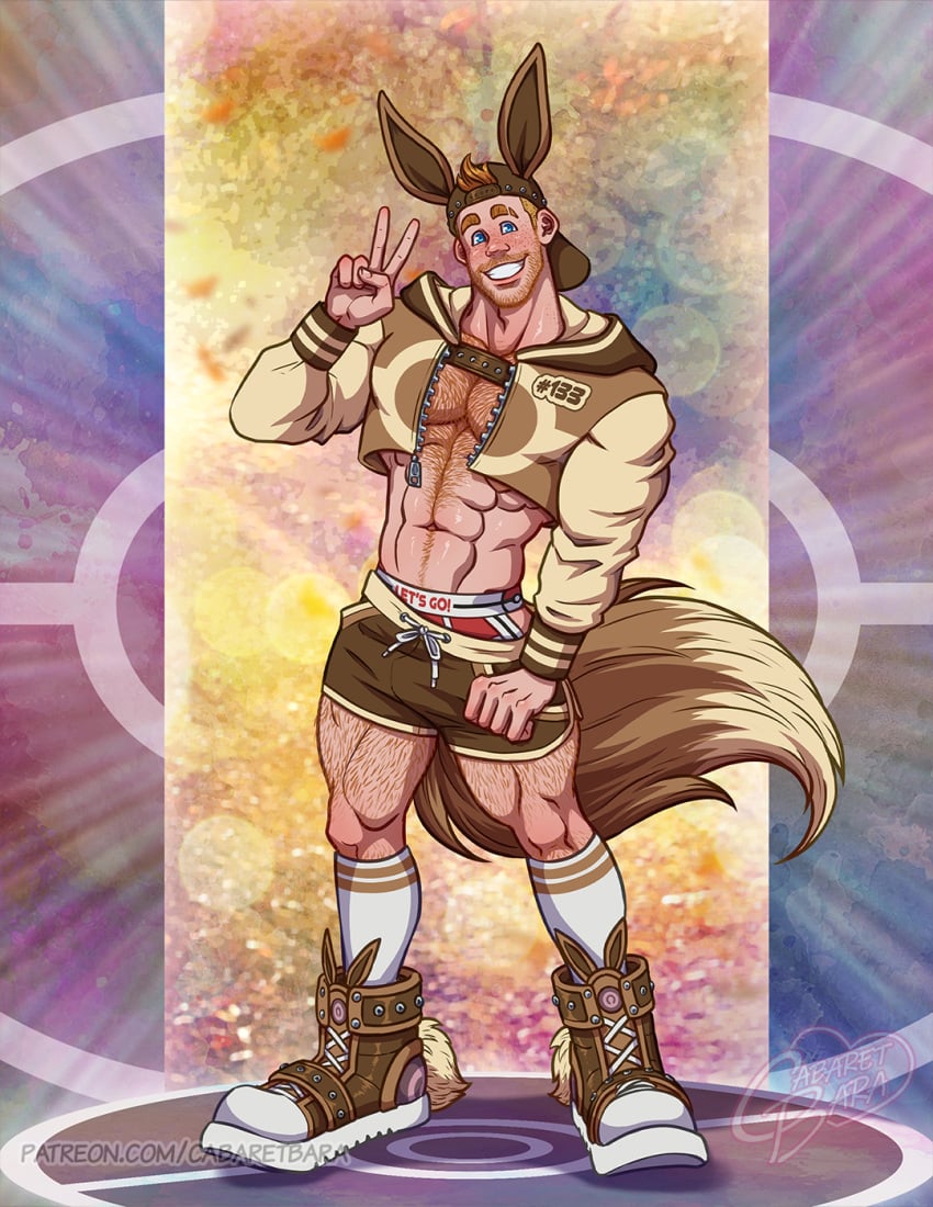 1boy abs bulge cabaret_bara cabaret_bara_series caucasian caucasian_male eevee eevee_(cosplay) eeveelution finn_(cabaret_bara) hairy_chest looking_at_viewer male male_only muscles muscular muscular_male normal_type peace_sign pokemon pokemon_(cosplay) short_shorts solo solo_male thick_thighs twitter_user_oc