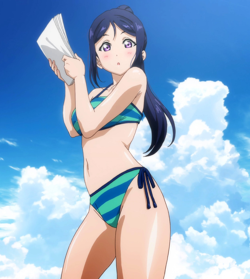 1girls big_breasts bikini blush breasts busty female female_only highres large_breasts legs long_hair looking_at_viewer love_live! love_live!_sunshine!! matsuura_kanan navel open_mouth paper ponytail purple_eyes screencap stitched swimsuit thighs third-party_edit voluptuous