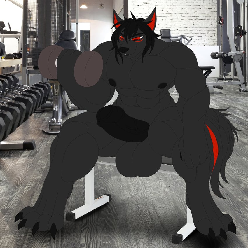 abs alexzandr_sokolov anthro balls biceps big_balls big_penis black_body black_fur black_hair black_penis canid canine canis claws digitigrade exercise foreskin fur genitals hair hi_res male mammal muscular nude pecs penis red_eyes smile smirk solo weightlifting wolf workout zi0808