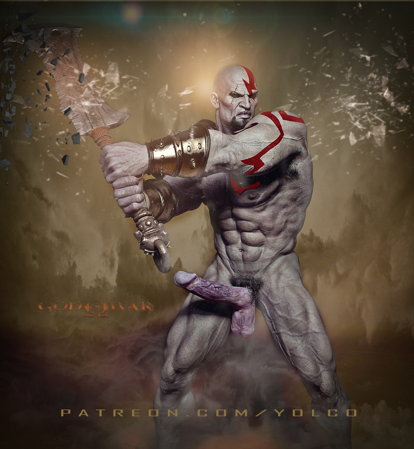 bald bara blade erect_penis front_view god_of_war kratos male male/male male_only muscular muscular_male nude solo solo_male warrior yolco