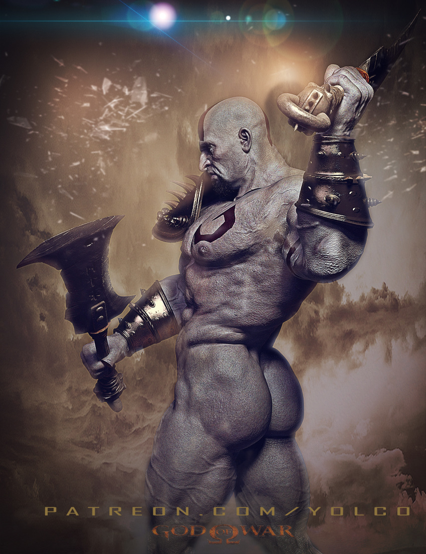 ass bald bald_man bara blade daddy dilf god_of_war kratos male/male male_only muscular muscular_ass muscular_back muscular_male nude solo solo_male standing warrior yolco