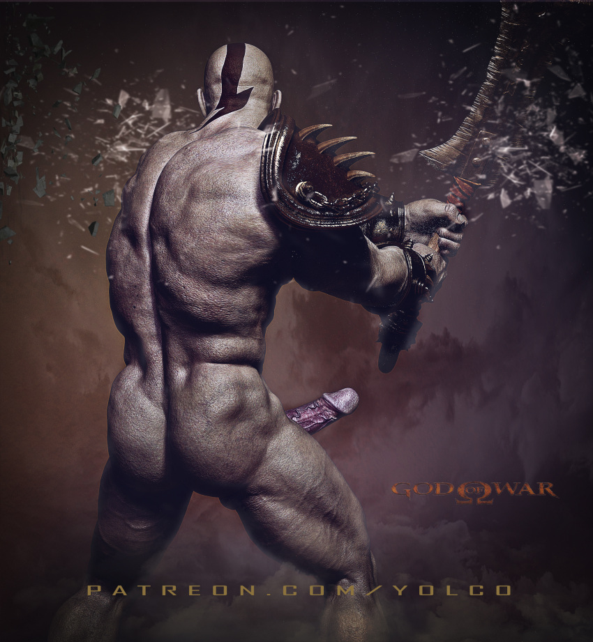 ass bald bald_man bara blade daddy dilf god_of_war kratos male/male male_only muscular muscular_ass muscular_back muscular_male nude solo solo_male standing warrior yolco