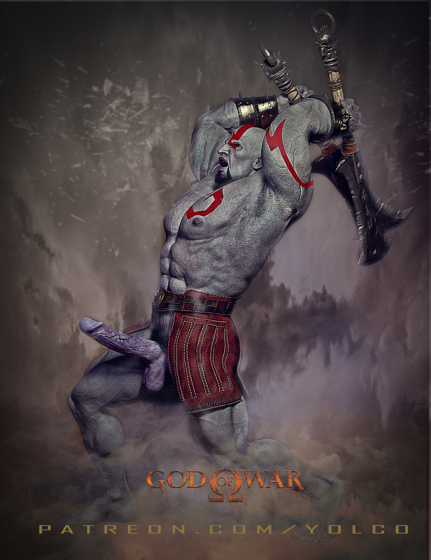 bald bald_man bara blade erect_penis front_view god_of_war kratos male male/male male_only muscular muscular_male solo solo_male warrior yolco