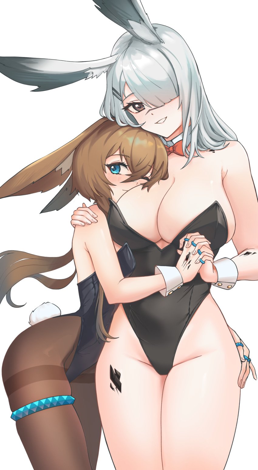 2girls alternate_costume amiya_(arknights) animal_ears arknights bare_shoulders black_eyes black_leotard blue_eyes breasts brown_hair brown_pantyhose cleavage cowboy_shot female female_only frostnova_(arknights) grey_hair grin hair_over_one_eye height_difference highres holding_hands large_breasts leotard long_hair looking_at_viewer multiple_girls oripathy_lesion_(arknights) pantyhose playboy_bunny rabbit_ears rabbit_tail radioneet scar scar_on_face scar_on_nose smile standing strapless strapless_leotard tail thighband_pantyhose thighlet thighs wrist_cuffs yuri