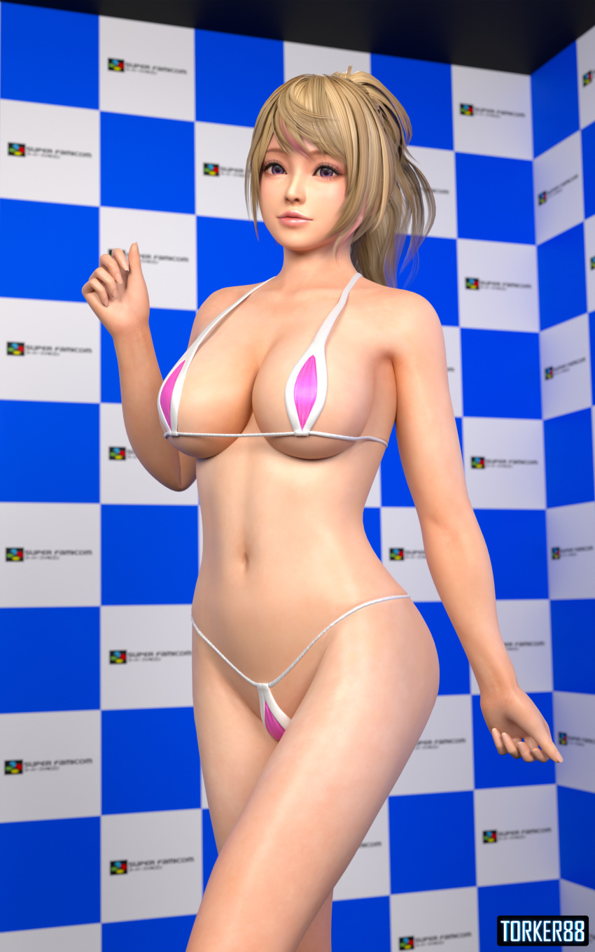 1girls 3d bikini blonde_hair cleavage dead_or_alive dead_or_alive_xtreme_venus_vacation female female_only g-string large_breasts long_hair looking_at_viewer micro_bikini pink_bikini purple_eyes solo teardrop_bikini torker88 yukino_(doa)