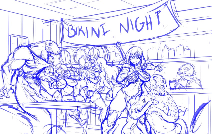 3boys 4girls allyria_(spunky_paladins) angry bald_man beard big_breasts bikini_armor chainmail_bikini clumzor curvy_female dwarf elf english_text female indoors justina_(spunky_paladins) large_breasts male mustache red_hair salir_(spunky_paladins) scalie sketch spunky_paladins