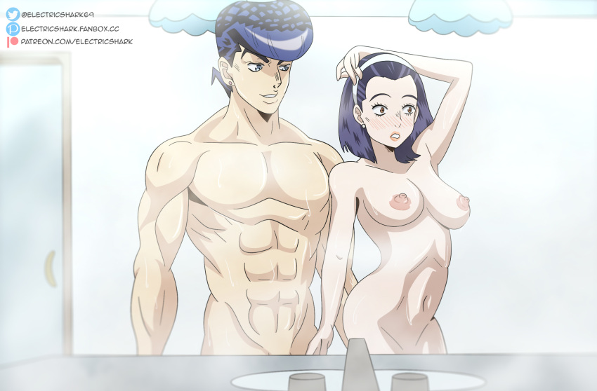 after_shower age_difference ass ass_grab blue_eyes breasts brown_eyes diamond_is_unbreakable electricshark height_difference higashikata_tomoko jojo&#039;s_bizarre_adventure josuke_higashikata mother mother_and_son muscles muscular muscular_male nipples purple_hair shower showering wet wet_hair wet_skin