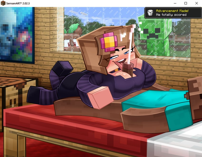 1girls bia_prowell_(slipperyt) blue_eyes boobjob brown_hair creeper_(minecraft) cum cum_between_breasts cum_on_face cum_on_hair cumshot female flower_in_hair horny_female human_female humanoid jenny_belle_(slipperyt) minecraft outside sernsenart sex tagme