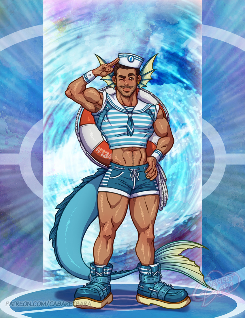 1boy biceps bulge bulging_biceps cabaret_bara cabaret_bara_series crop_top diego_(cabaret_bara) eeveelution fish_tail hispanic hispanic_male latino looking_at_viewer male male_only muscles muscular muscular_male pokemon pokemon_(cosplay) salute short_shorts solo thick_thighs twitter_user_oc vaporeon vaporeon_(cosplay) water_type winking_at_viewer