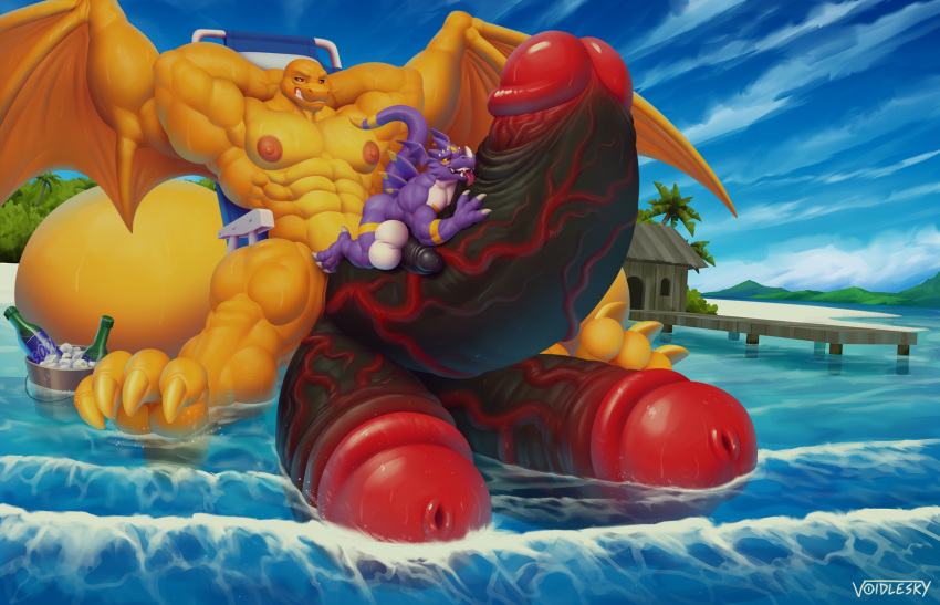 3_fingers 4_toes anthro balls beach beach_chair big_balls big_penis black_penis dragon dragoneer_(character) feet fingers foreskin genitals hi_res huge_balls huge_cock hyper hyper_balls hyper_genitalia hyper_penis laying_on_penis licking male male/male male_only multi_genitalia multi_penis muscular muscular_anthro muscular_male oral penile penis penis_lick purple_body reilsss seaside sex size_difference tail toes tongue tongue_out triphallia tropical vein veiny_penis voidlesky water wings yellow_body