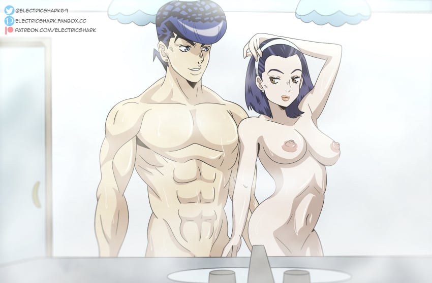 1boy 1girls after_shower age_difference ass ass_grab blue_eyes breasts brown_eyes diamond_is_unbreakable electricshark height_difference higashikata_tomoko implied_incest incest jojo's_bizarre_adventure josuke_higashikata mother mother_and_son muscles muscular muscular_male nipples purple_hair seductive_smile shower showering wet wet_hair wet_skin