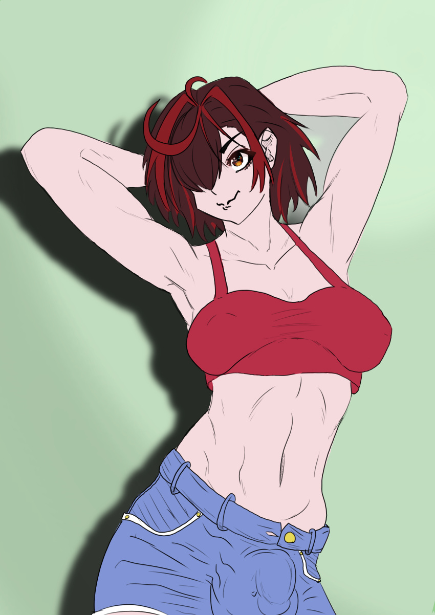 abs big_balls big_breasts brown_hair bulge bulge_through_clothing fit fit_female flaccid flaccid_cock flaccid_penis futa_only futanari hotpants itsukeart red_hair shorts smug smug_expression smug_face smug_grin smug_smile