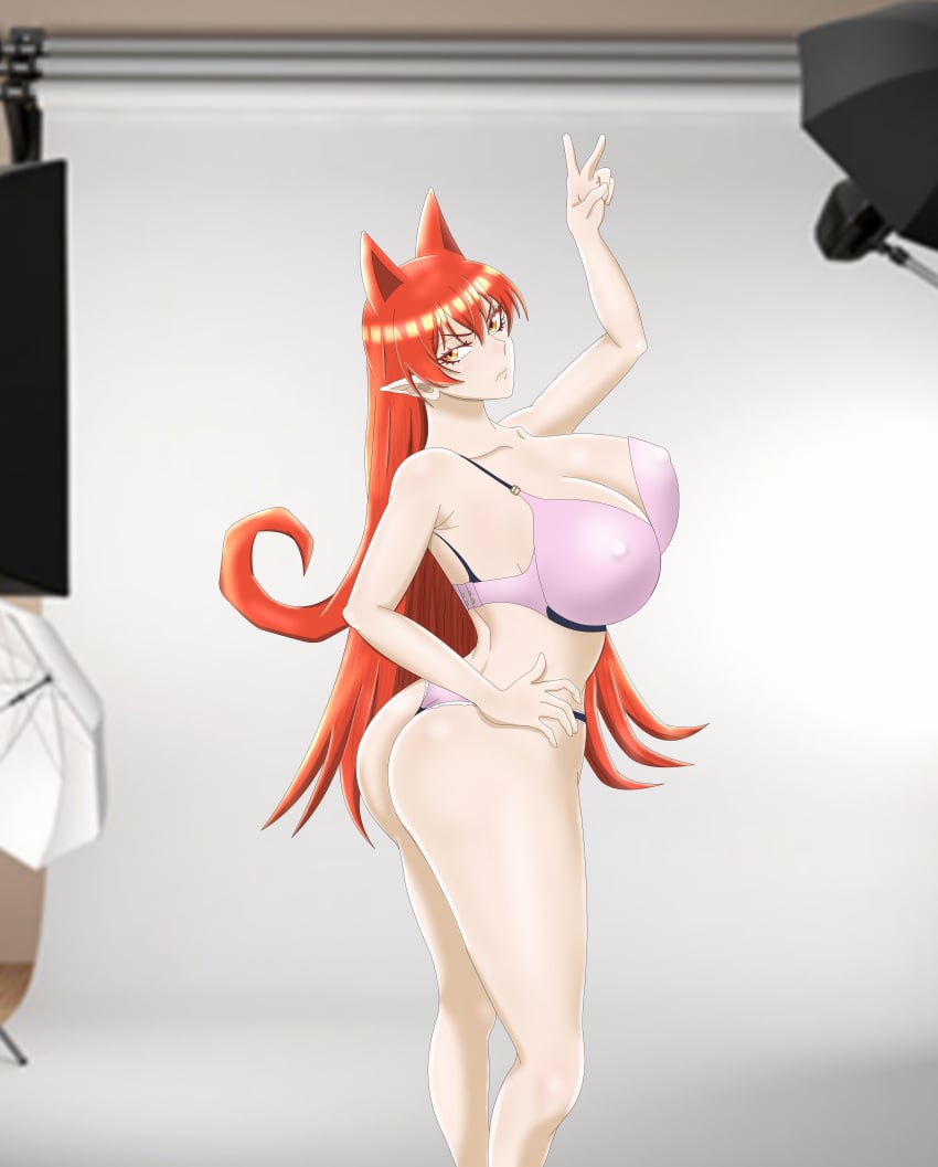 1girls ameri_azazel big_ass demon_ears demon_girl huge_breasts lingerie long_legs looking_at_viewer looking_back lpogo mairimashita!_iruma-kun model nipples_visible_through_clothing red_hair tall_female thong