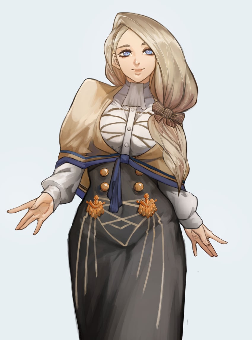 1girls blonde_hair blue_eyes breasts female female_only fire_emblem fire_emblem:_three_houses garreg_mach_monastery_uniform gelldraws hair_over_shoulder large_breasts long_hair looking_at_viewer mercedes_von_martritz nintendo side_ponytail smile solo