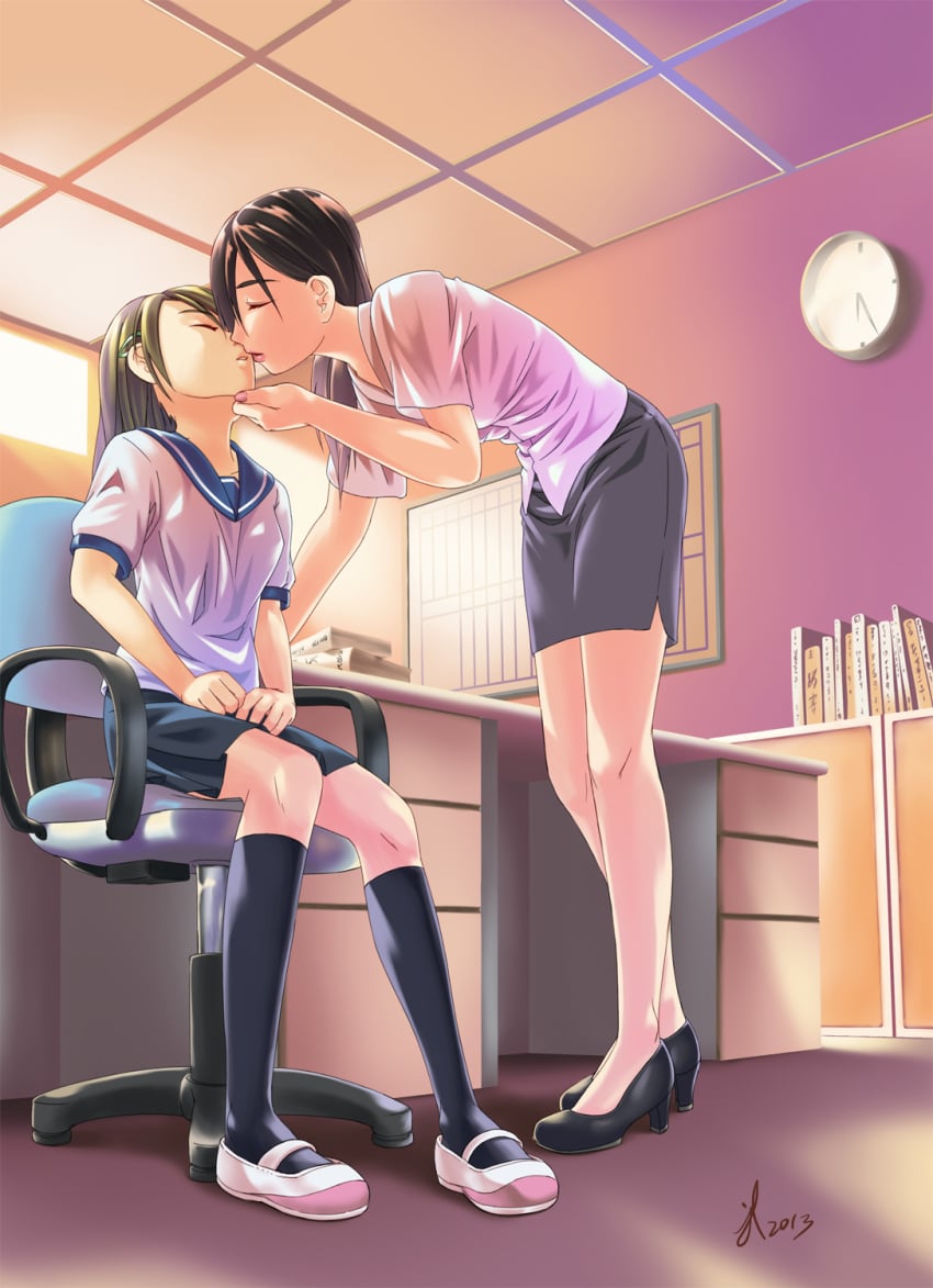 2girls books breasts brown_hair clock closed_eyes desk female female_only fully_clothed hairclip hand_on_another's_chin hand_on_chin jakelian kissing kneehighs leaning_forward long_hair multiple_girls office_chair office_desk original pencil_skirt pink_shirt school_uniform skirt small_breasts student swivel_chair teacher teacher_and_student wall_clock white_shirt yuri