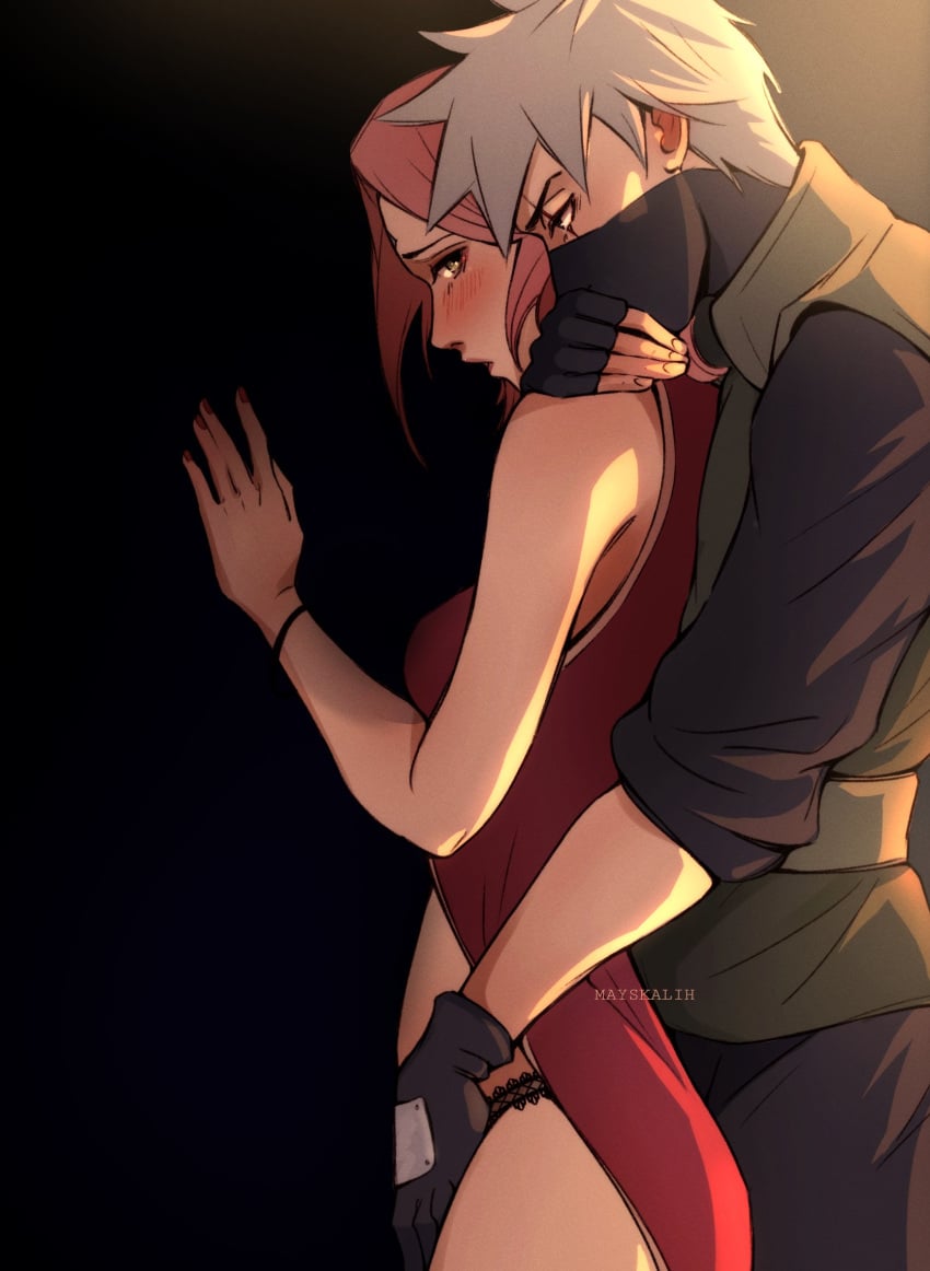 1boy 1boy1girl 1girls age_difference arm_around_partner assertive assertive_male blush clothed female fingerless_gloves gloves grabbing_from_behind hand_on_crotch hand_on_pussy hatake_kakashi hugging hugging_from_behind implied_handjob intimate male male/female mask mayskalih naruto naruto_(series) naruto_shippuden older_male open_clothes passionate pink_hair sakura_haruno scar_across_eye silver_hair standing straight suggestive taken_from_behind teacher_and_student younger_female