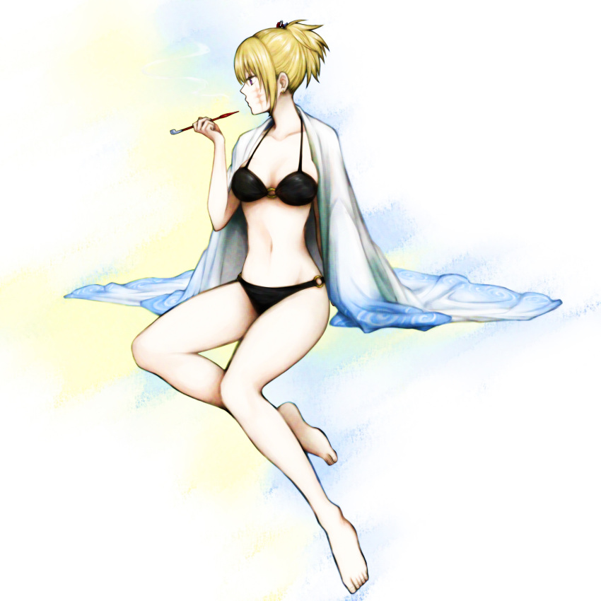 barefoot bikini black_bikini blonde_hair cleavage facial_scar female female_only full_body gintama hair_ornament kimono kiseru official_alternate_costume open_kimono pipe ponytail sitting smoking smoking_pipe solo swimsuit tsukuyo wearing_others_clothes