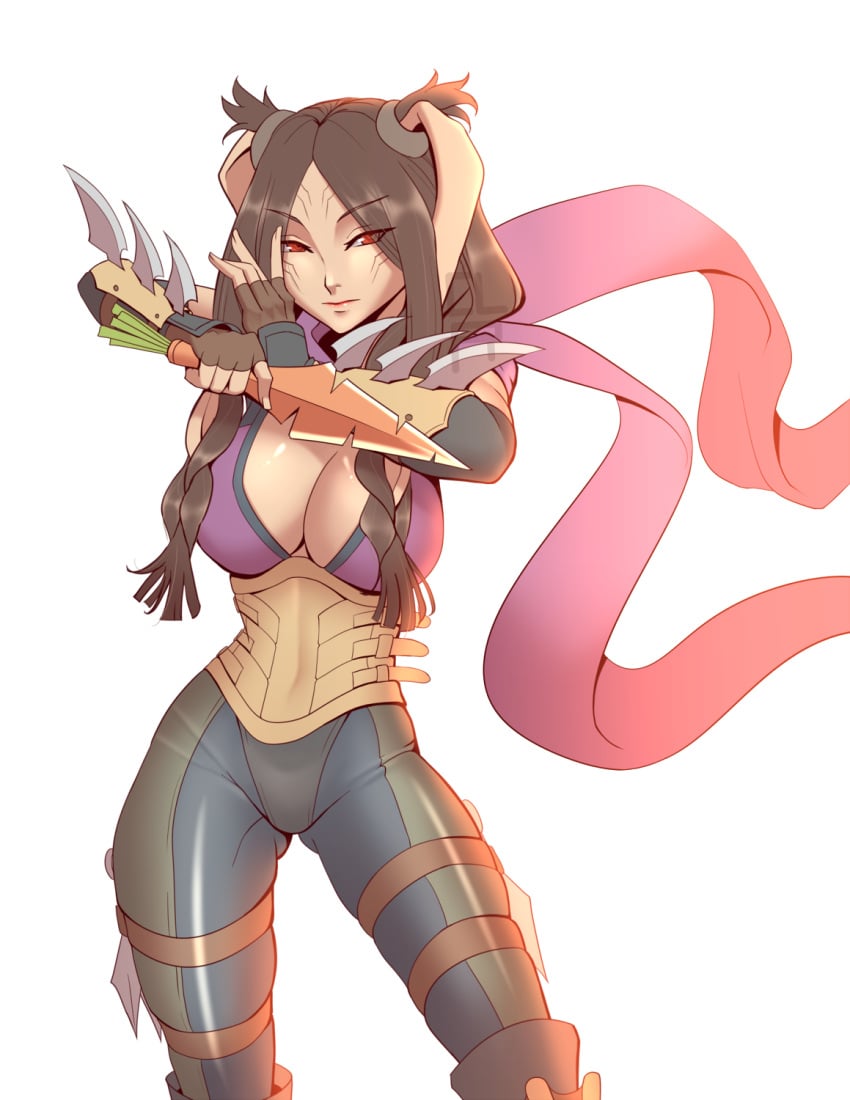 1girls alternate_costume ass_visible_through_thighs breasts brown_hair carrot cleru_(cleruuuuu) female female_only fingerless_gloves fire_emblem fire_emblem_awakening gloves knife large_breasts long_hair looking_at_viewer nintendo panne_(fire_emblem) pants rabbit_girl red_eyes scarf solo twintails weapon