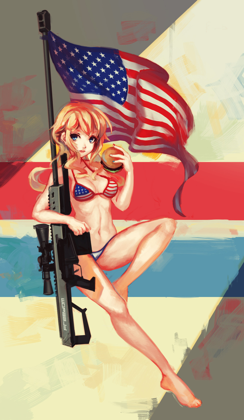 1girls america american american_flag american_flag_bikini breasts female flag hamburger national_personification patriotic_clothing petite usa