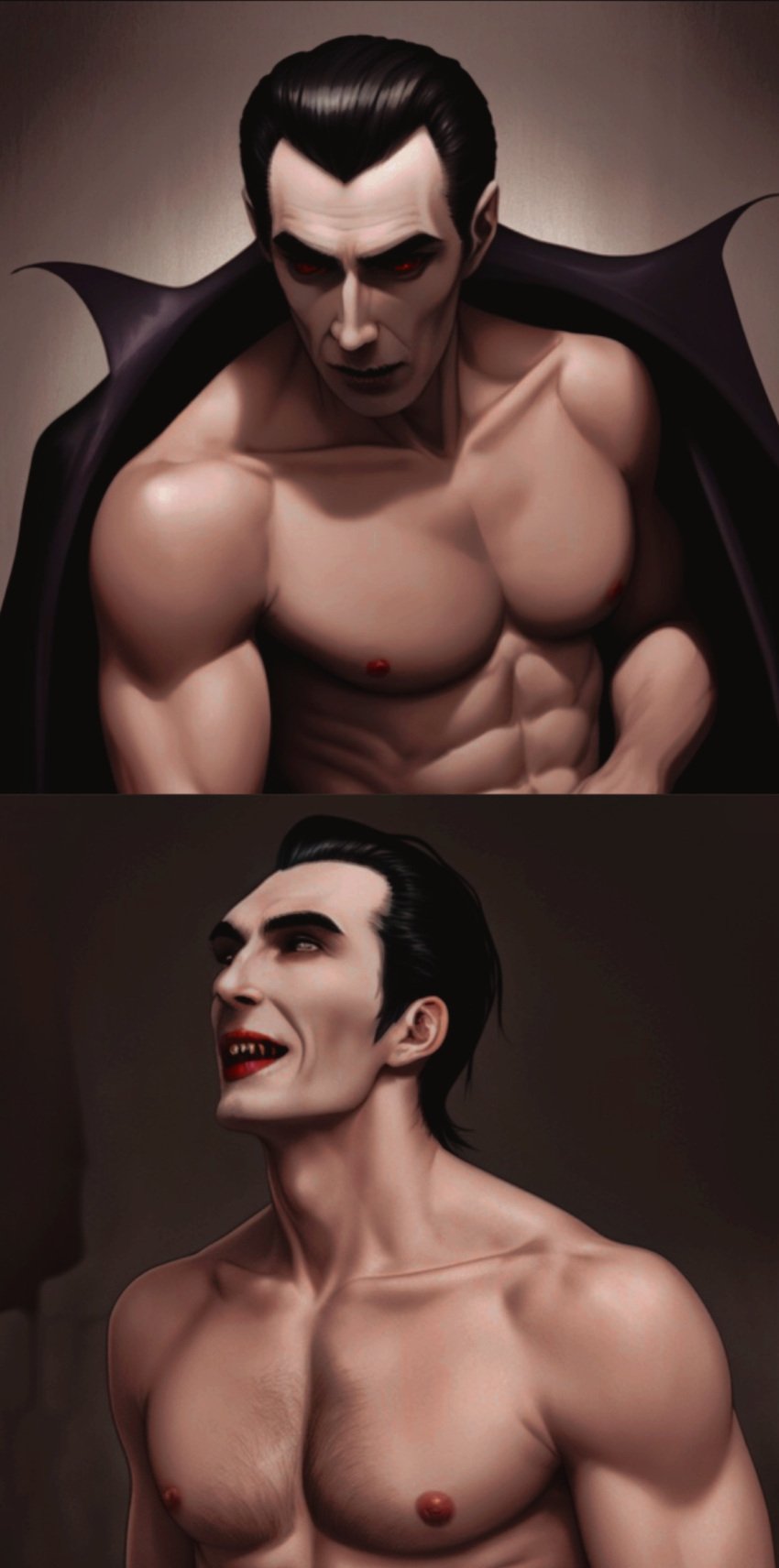 black_cape black_hair blood count_dracula dark_hair dracula kneeling light_skin male male_only muscular muscular_male pointy_ears red_lips red_nipples sharp_teeth shirtless shirtless_(male) short_hair vampire